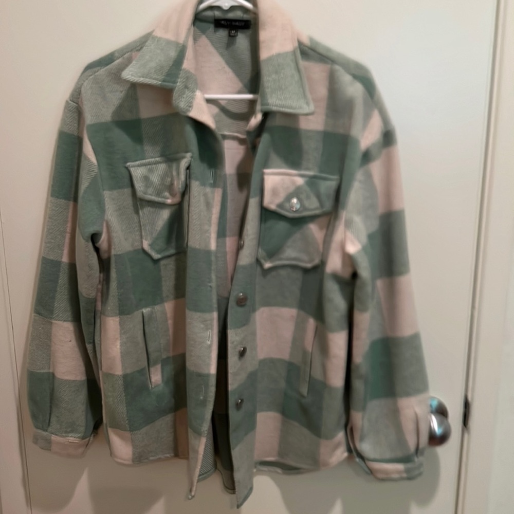 Mint green and cream gingham shacket